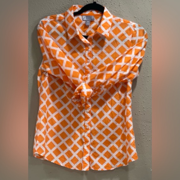 JC Penney Women's Orange White Lattice Pattern Long Sleeve Shirt Top Blouse; MP - Picture 2 of 8